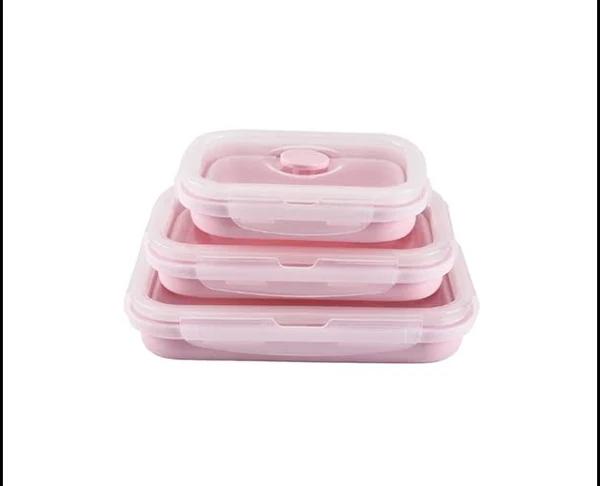 Square Silicone Folding Lunch Box Storage Box Sets - Pink Pink