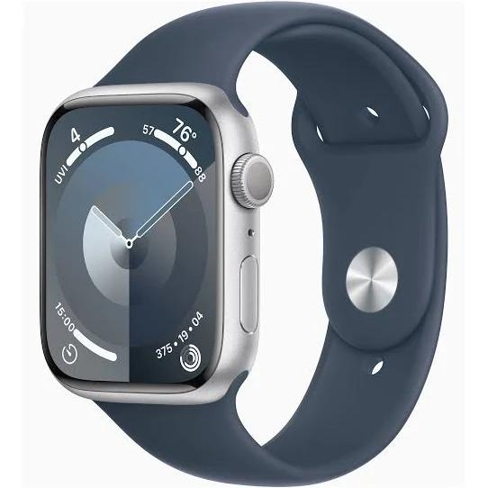 Apple Watch Series 9 GPS 45mm Silver Aluminum Case with Storm Blue Sport Band - M/L