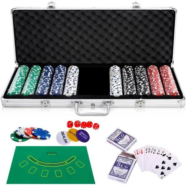 Costway 500pcs Poker Chips Set Classical Card Games Casino Party w/Case Texas Holdem, Blackjack, Gambling Sliver - AfterPay & zipPay Available