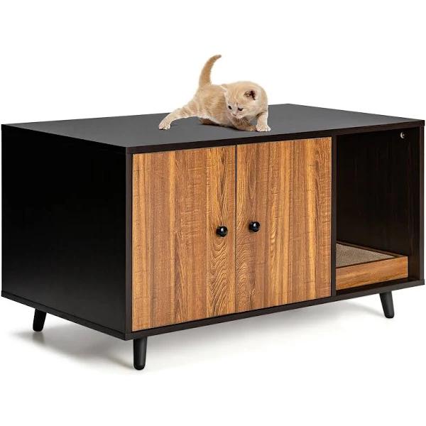 Costway Sideboard Coffee Table Wood Cat Litter Cabinet Pet House Hidden Cat Furniture w/2 Doors & Scratching Pad