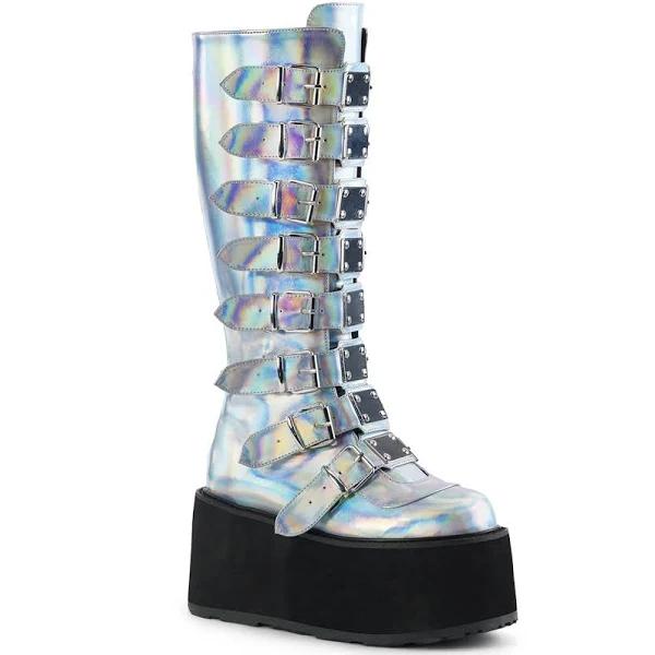 Demonia DAMNED-318 Silver Hologram Knee Boot Size 11