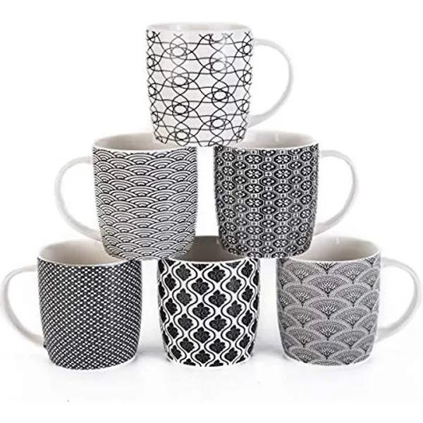 MACHUMA Set of 6 11.5 oz Coffee Mugs With Black and White Geometric Patterns, Ceramic Tea Cup Set