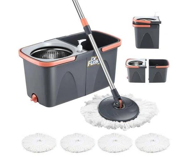 Spin Mop and Twin Bucket Set Tile Wood Floor Cleaner 4 Microfibre Heads Magic Dry Twist Separate Stackable Cleaning System