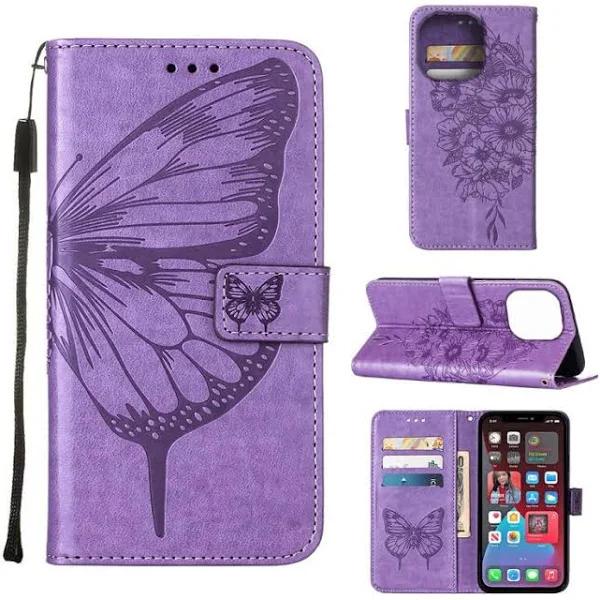 For iPhone 14 Pro Case, Embossed Floral Butterfly, PU Leather Wallet Cover, Lanyard, Stand, Light Purple - AfterPay & zipPay Available