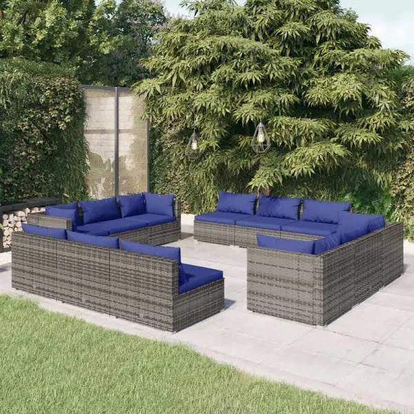 vidaXL 12 Piece Garden Lounge Set With Cushions Poly Rattan Grey