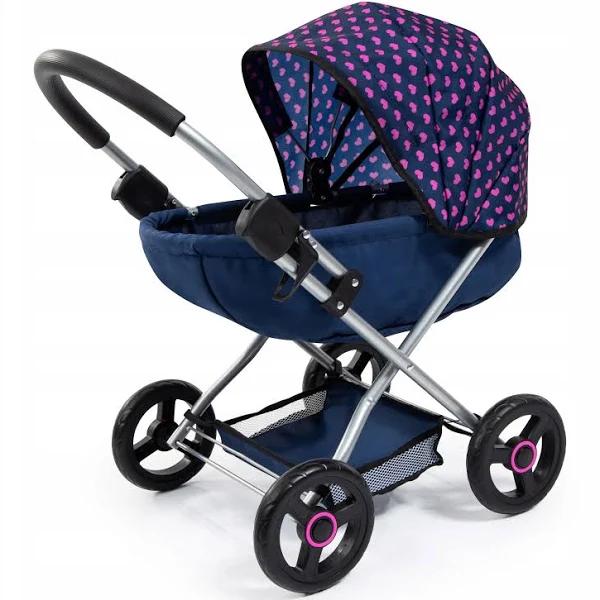 Bayer Cosy Doll Pram - Dark Blue With Pink Hearts