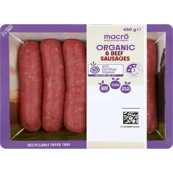 Macro Australian Organic 6 Beef Sausage 450g