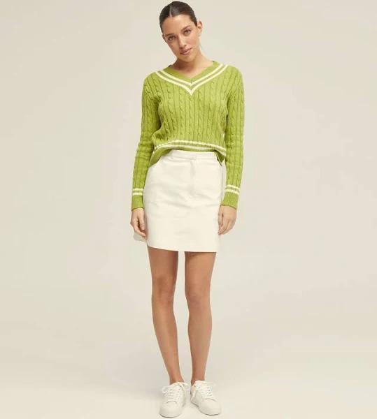 Oxford Maxie Cotton V-Neck Cable Knit in Green/Ivory Green 6