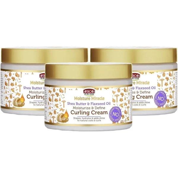 African Pride Moisture Miracle Shea Butter & Flaxseed Oil Curling Cream (3 Pack) - Shapes, Hydrates & Adds Shine to Natural Coils & Curls,