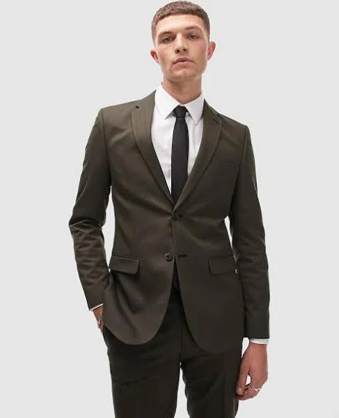 Topman Skinny Herringbone Suit Jacket in khaki-Green