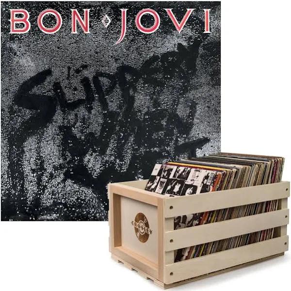 Crosley Record Storage Crate & Bon Jovi - Slippery When Wet Vinyl Album Bundle