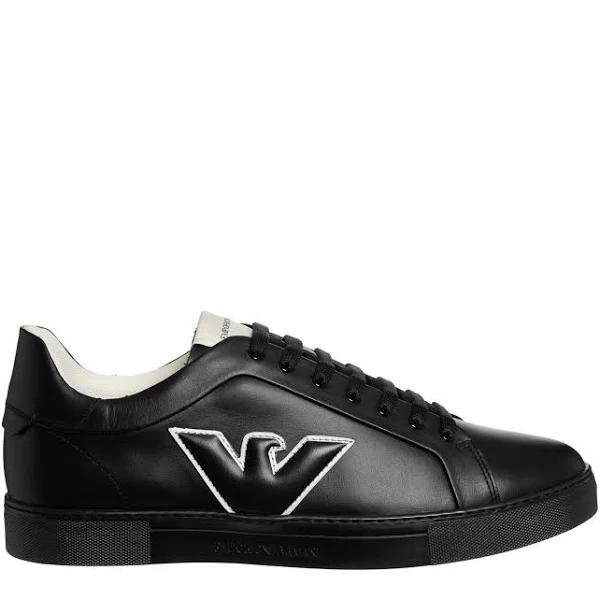 Emporio Armani - Leather Sneakers With Eagle Patch, 100% Bovine Leather, Black, Size: 11