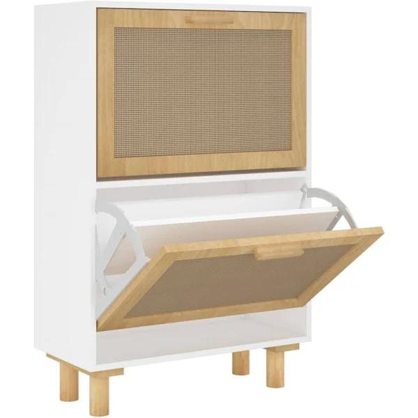 Shoe Cabinet White 52x25x80 cm Engineered Wood and Natural Rattan