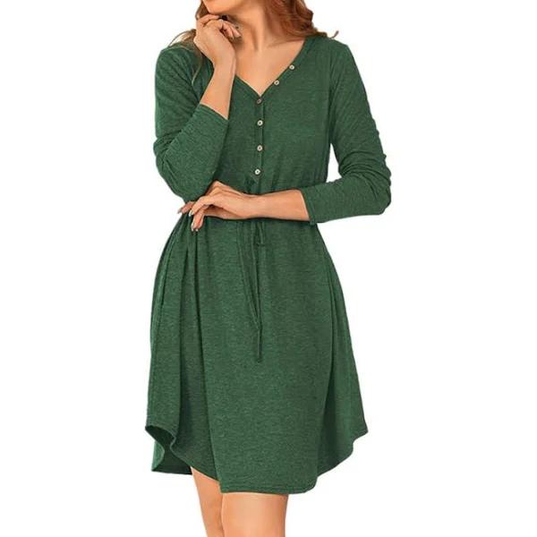 Amoretu Ladies Casual V Neck Button Long Sleeve Tunic Dress-Green - M - AfterPay & zipPay Available