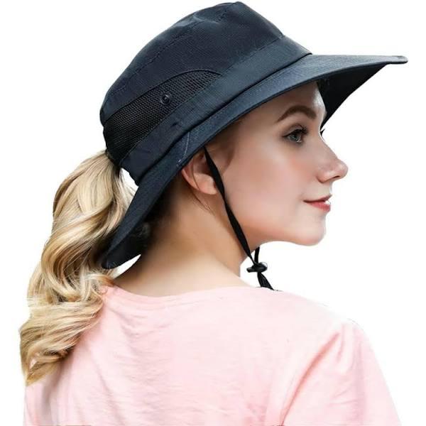 Wide Brim Ponytail Hole Hat For Women UPF50+, Black | oz Smart