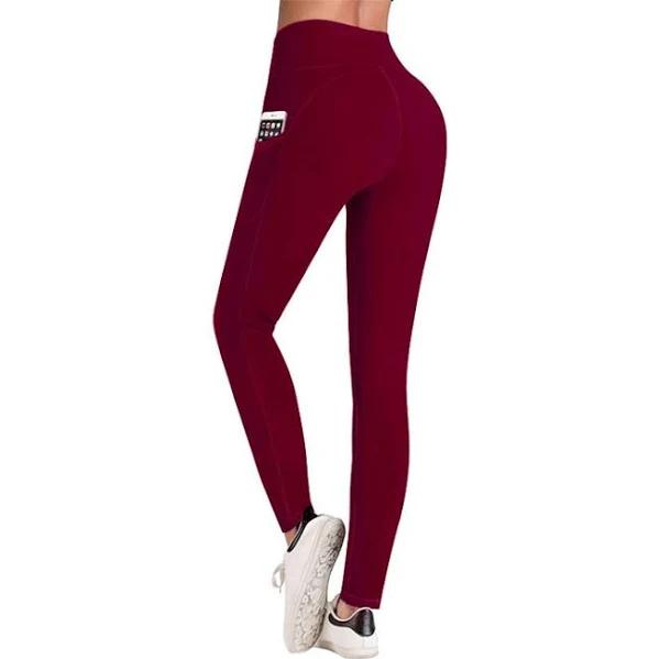 Strapsco Womens 4 Way Stretch High Waist Yoga Pants Yoga Leggings with Pockets-Wine Red - S - AfterPay & zipPay Available