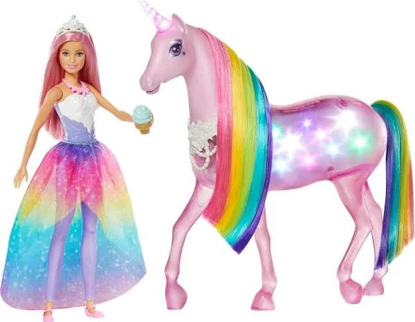 Barbie Dreamtopia Doll & Unicorn Set, Pink-Haired Fashion Doll & Magical Lights Unicorn Toy with Rainbow Mane, Lights & Sounds