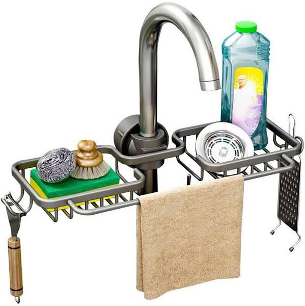 SOGA Dark Grey Kitchen Sink Organiser Faucet Soap Sponge Caddy Rack Drainer with Towel Bar Holder