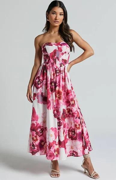 Kaiden Midi Dress - Strapless Fit and Flare in Fiesta Floral Pink - Showpo Fit & Flare Dresses | Summer Outfits