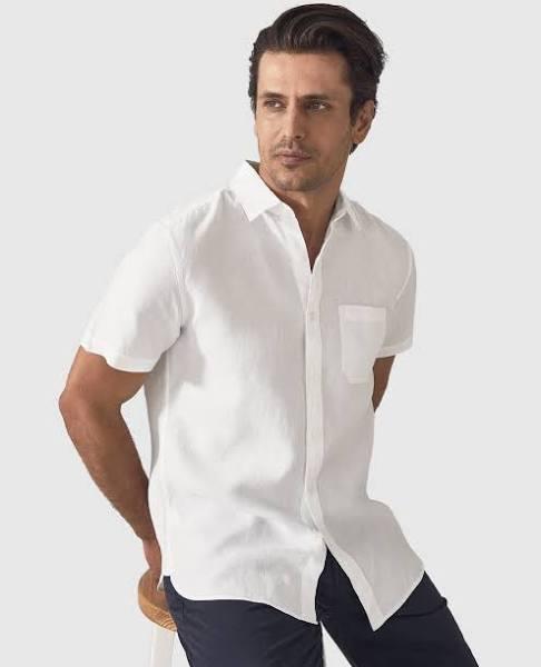 Trenery Regular Fit Linen Short Sleeve Shirt in White Medium White AU499790