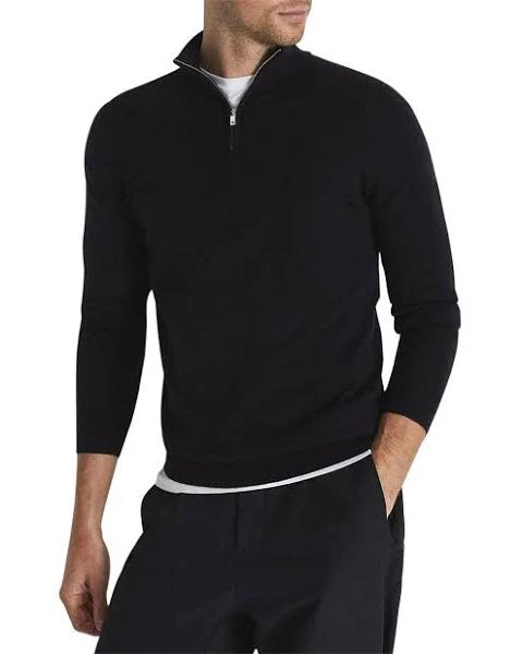 Reiss Blackhall - Navy Merino Wool Zip Neck Jumper, XL