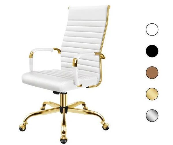 ALFORDSON Office Chair Padded Seat PU Leather White & Gold - High Back