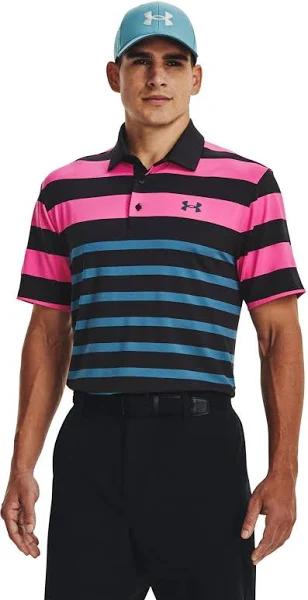 Under Armour Mens Playoff 3.0 Stripe Polo Black/Rebel Pink M Size: Med