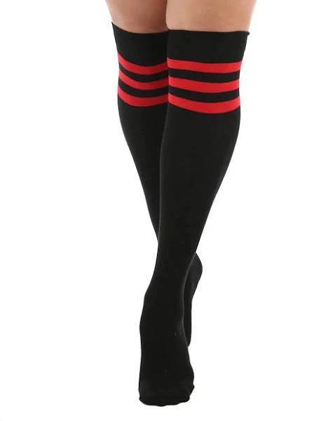 Referee Over The Knee Socks in Black with Red or White Stripes Red