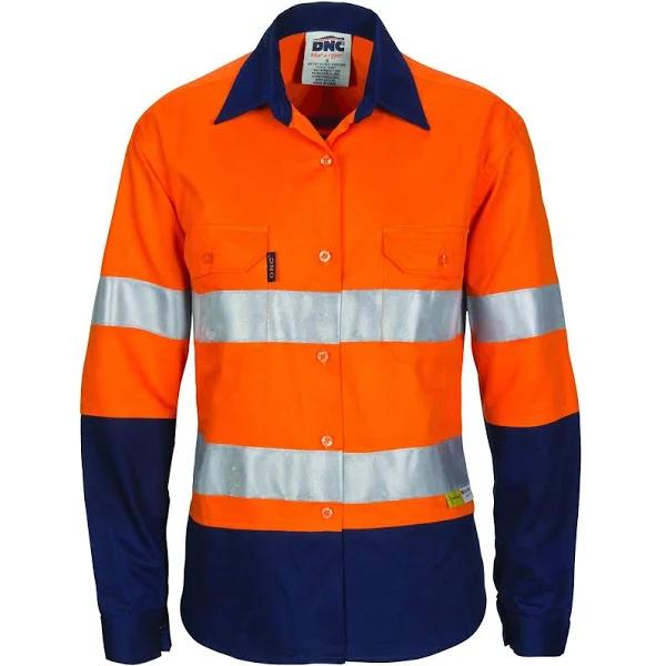 DNC Ladies HiVis Two Tone Cool-Breeze Cotton Shirt with 3M R/Tape - Long Sleeve - Orange/Navy - 16