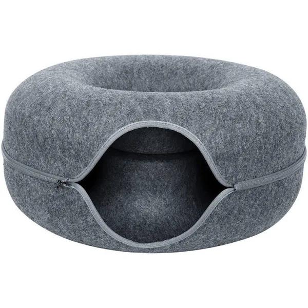 Cat Tunnel Bed Felt Pet Puppy Nest Cave House Round Donut Interactive Play Toy - Dark Grey / S