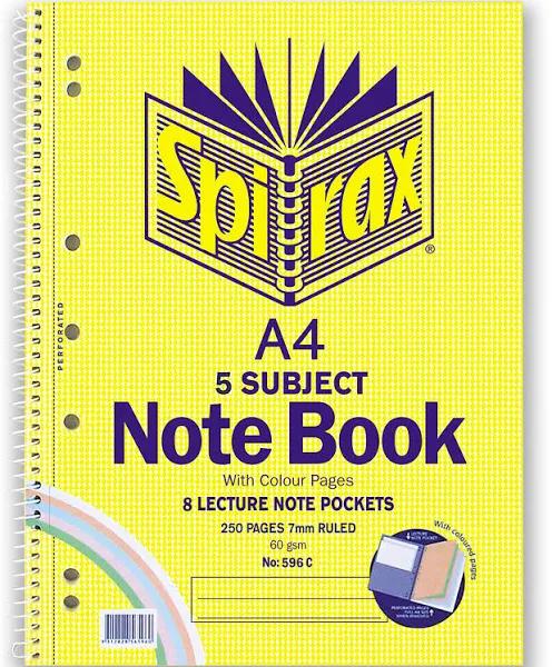 Spirax 596C 5 Subject Notebook Coloured A4 250 Page