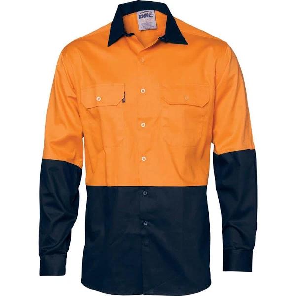 DNC HiVis Two Tone Cotton Drill Vented Shirt - Long Sleeve - Orange/Navy - 4XL