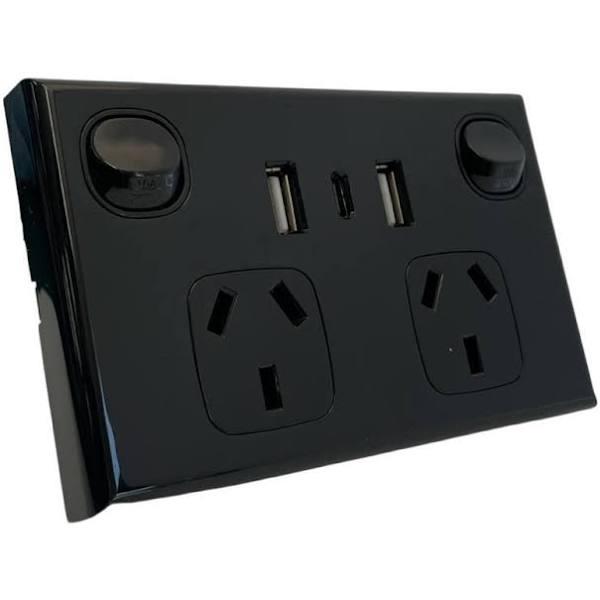 Gloss Black Double GPO Power Point Socket w/ 2 x USB A & 1 x USB C