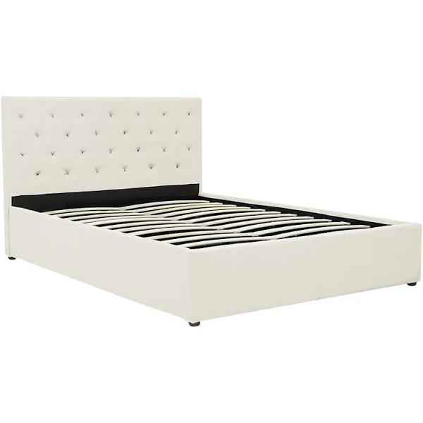 Gas Lift Bed Frame with Headboard, Fabric, Beige, Queen