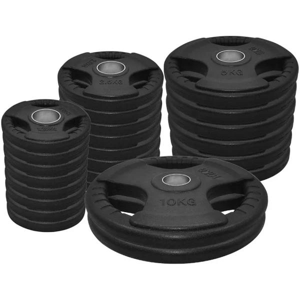 Total 80kg Olympic Rubber Coated Cast Iron Weight Plates - 1.25kg x 8+ 2.5kg x 8+ 5kg x 6+ 10kg x 2