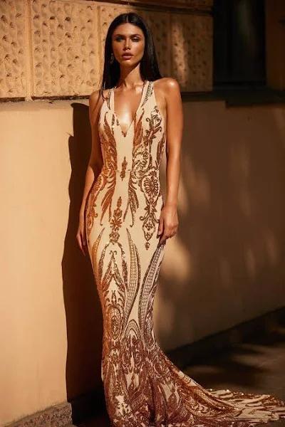 Ariya - Gold Sequin Backless Mermaid Gown with Plunge Neck & Train 4XL