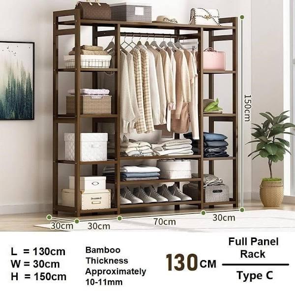 Bamboo Clothes Rack Garment Closet Storage Organizer Hanging Rail Shelf Dress Room - Amazingooh Wholesale Type C - 130cmx30cmx150cm / Dark Brown