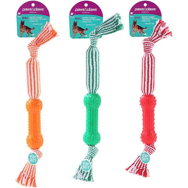 Paws & Claws 43cm Dental Tugger Dog/Pet Toy TPR Bone + Braided Rope Assorted