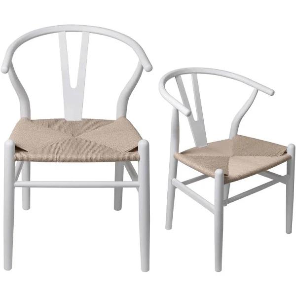 Set of 2 Dining Chairs Rattan Seat Side Chair Kitchen Wood Furniture White