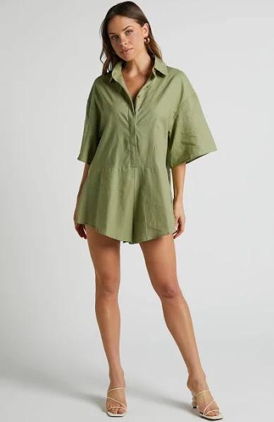 Showpo | Ankana Playsuit - Short Sleeve Relaxed Button Front Playsuit in Light Olive | Summer Outfits