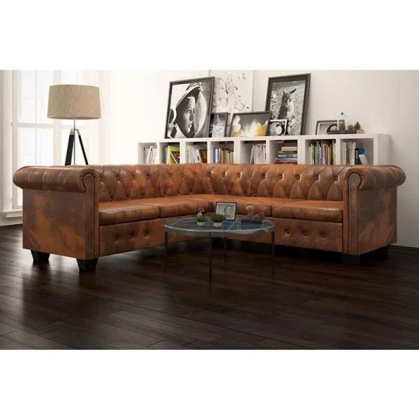 vidaXL Chesterfield Corner Sofa 5-Seater Artificial Leather Brown