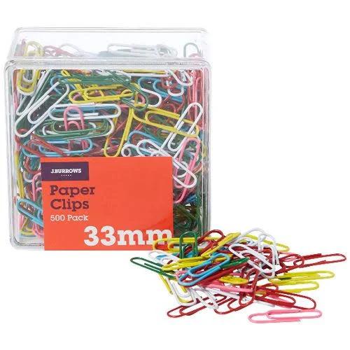 J.Burrows 33mm Paper Clips Assorted 500 Pack