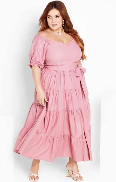 Plus Size Maxi Dress Puff Sleeve in Blush, Size 20, 100% Cotton | City Chic