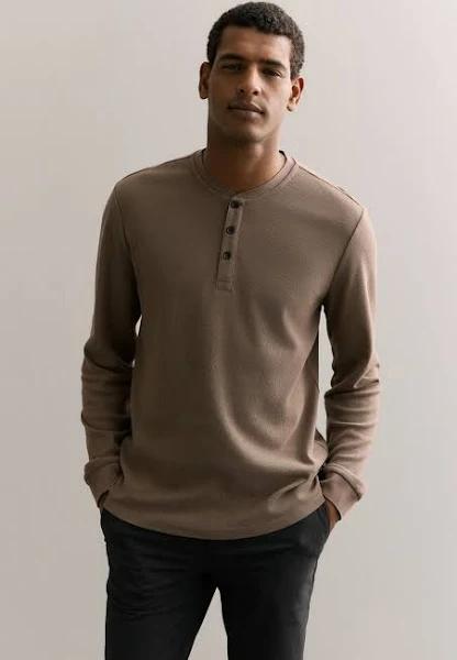 Trenery Australian Cotton Waffle Henley in Walnut, Size XS