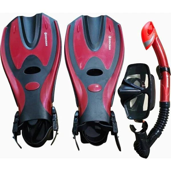 oz Ocean Abrolhos Adults Goggles Mask/Snorkel & Fin Set L-XL Red/Black 4pc