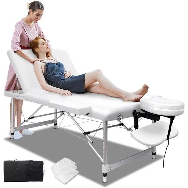 ALFORDSON Massage Table 3 Fold 75cm Foldable Portable Aluminium Lift Up Bed Desk | White