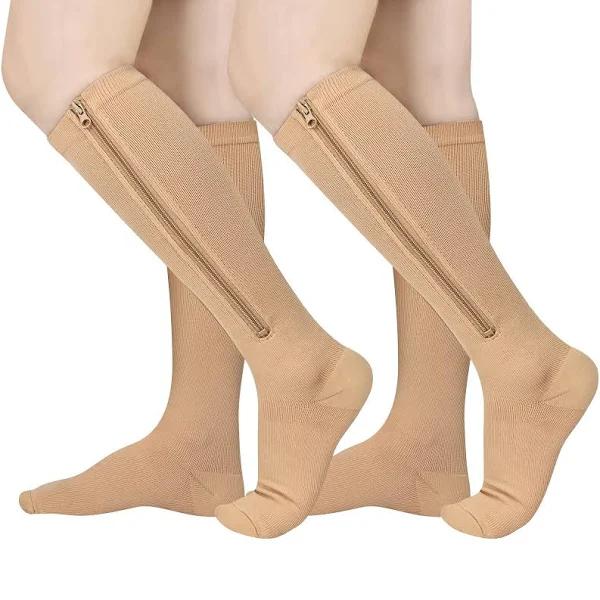 Athbavib 2 Pairs Zipper Compression Socks, 15-20 mmHg Closed Toe Compression Stocking with Zipper for Women and Men