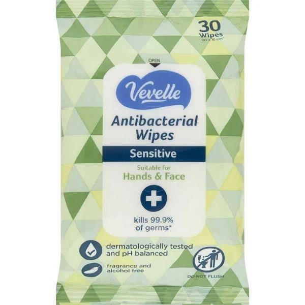 Vevelle Antibacterial Hand & Face Wipes Sensitive 30 Pack