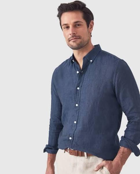 Trenery Tailored Fit Delave Linen Long Sleeve Shirt in French Navy Medium French Navy AU499869