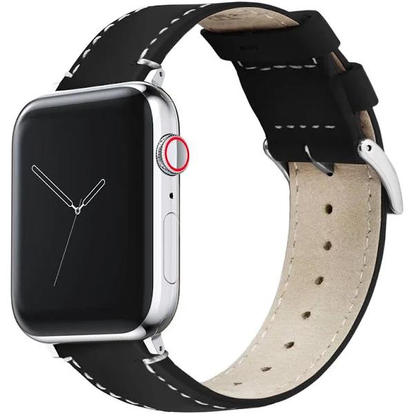 Leather Apple Watch Band / Strap | Black Leather & Linen White Stitching | Barton